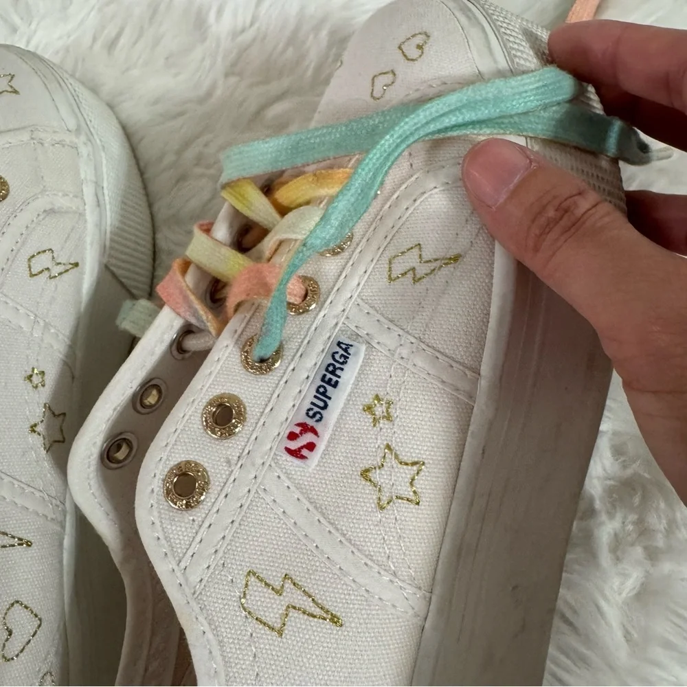 Superga White Platform Sneakers with Multicolor Laces Size 6